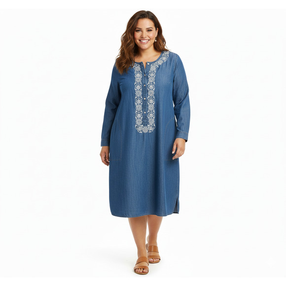 J.Jill Jean Indigo Blue Denim Chambray Cotton Shirt Tunic Dress Embroidery 3X - Picture 1 of 7
